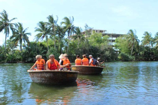 Enjoying a basket boat ride on the Thu Bon River, Hoi An