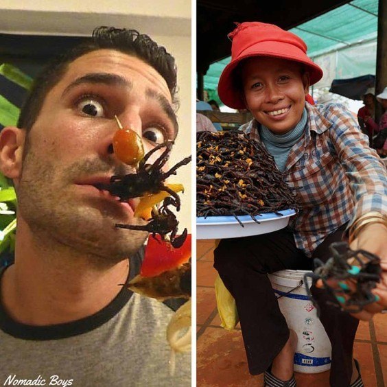 Barbecued tarantula (Left: Nomadic Boys; Right: a vendor in Phnom Penh)