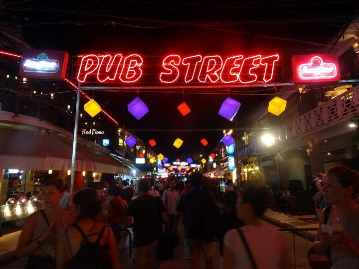 Siem Reap's pub street neon lights by night